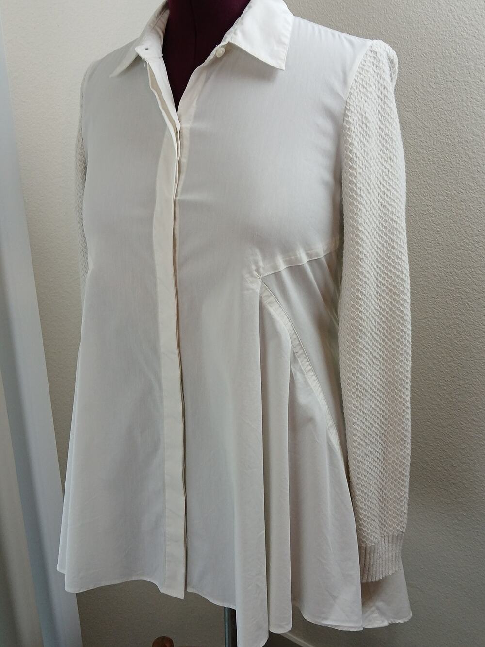 DKNY White Mixed Media Tunic Blouse M knit long sleeve A-line flared Donna Karan